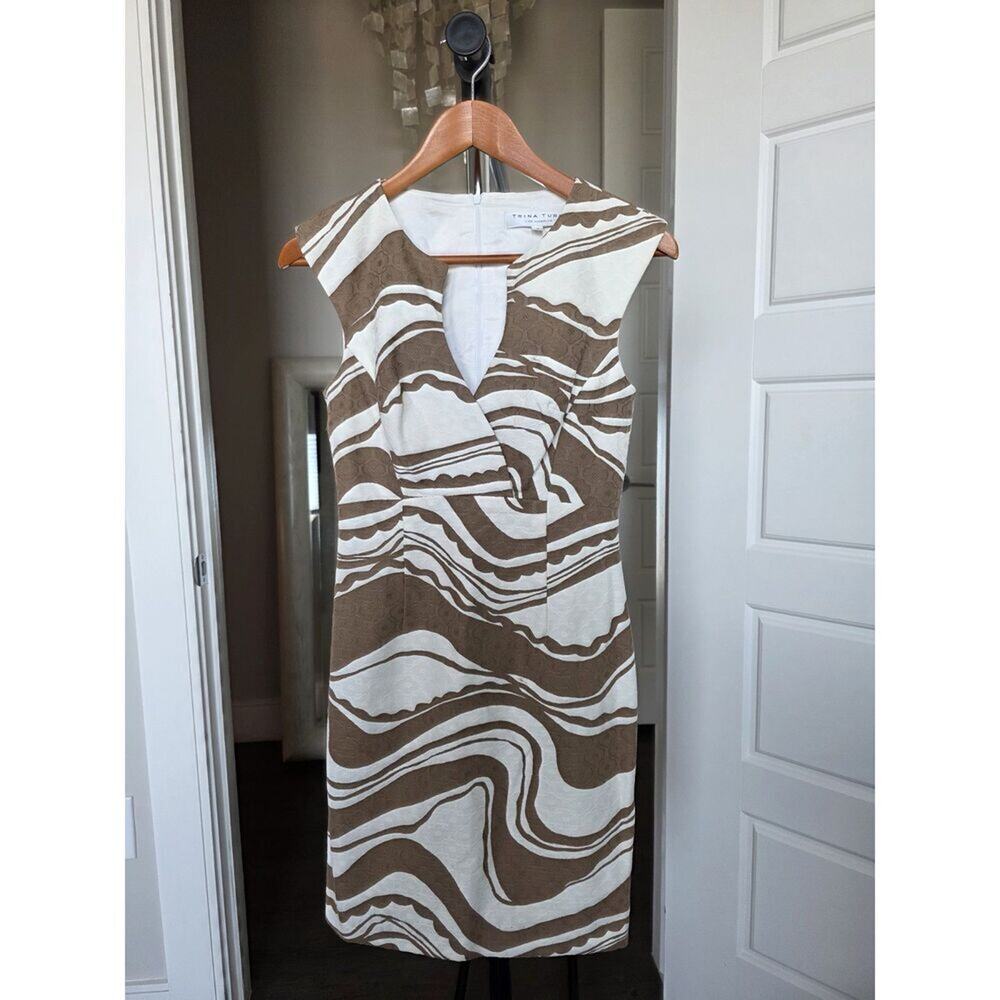 Trina Turk Sleeveless Sheath Dress Brown White Swirls Size XS